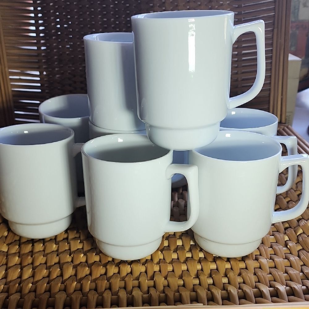 Vintage Set Of 9 Stackable White Coffee/Tea Mugs
